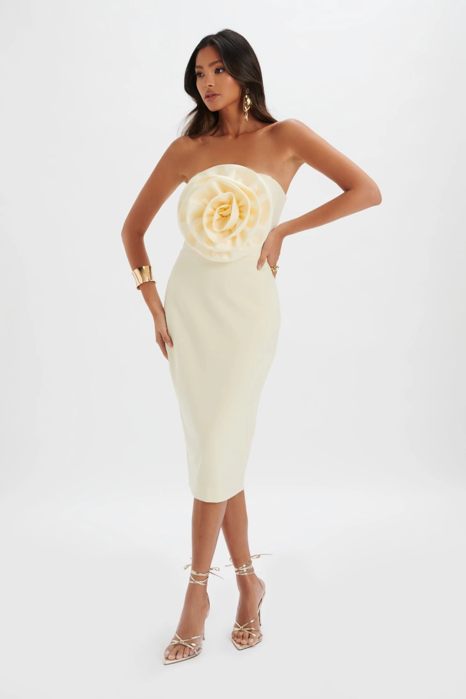 BELLE 3D Flower Bandeau Midi Dress In Champagne - Image 2