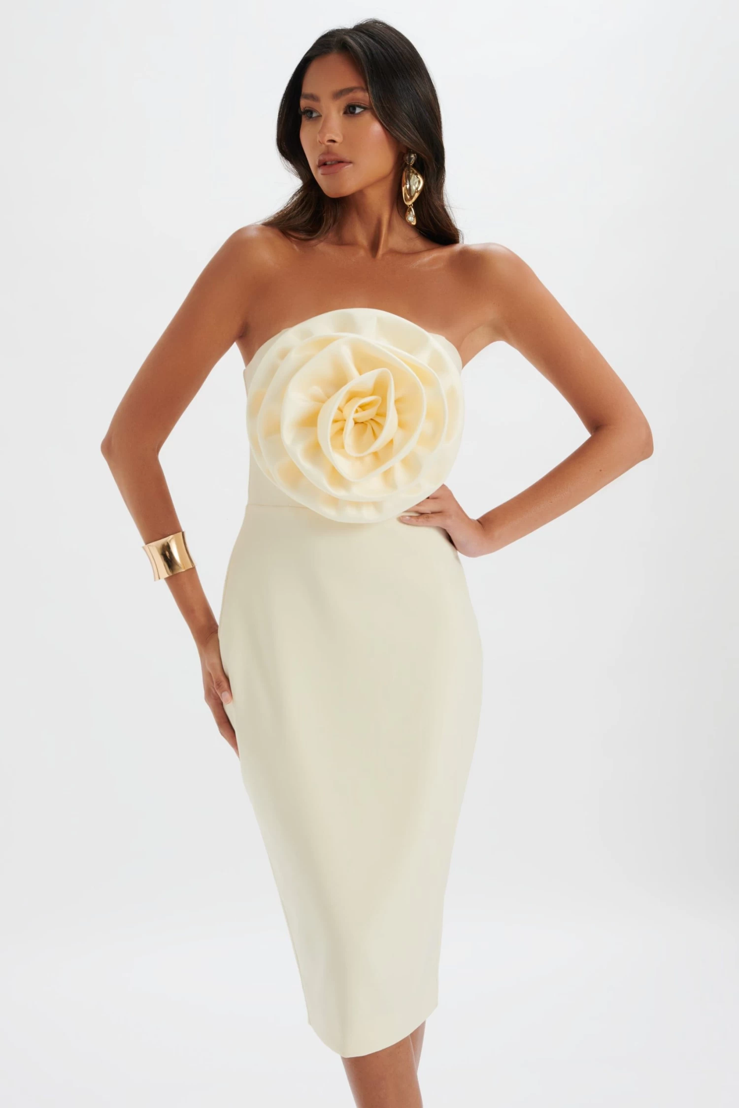 BELLE 3D Flower Bandeau Midi Dress In Champagne