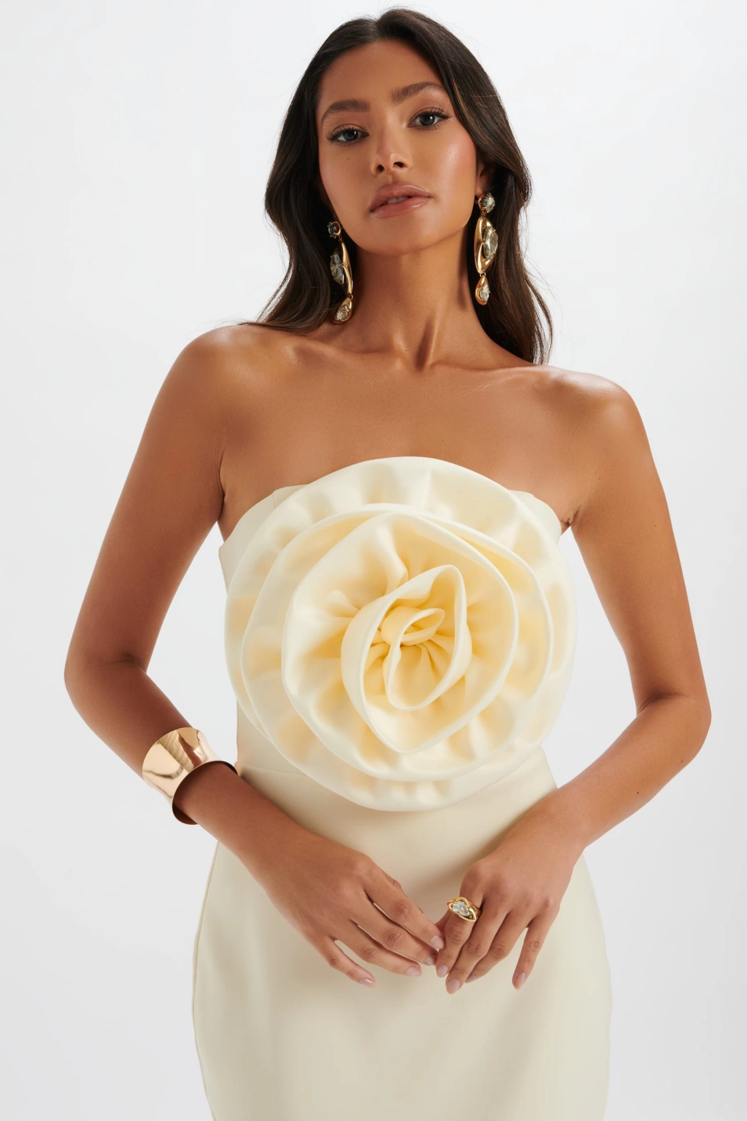 BELLE 3D Flower Bandeau Midi Dress In Champagne - Image 3
