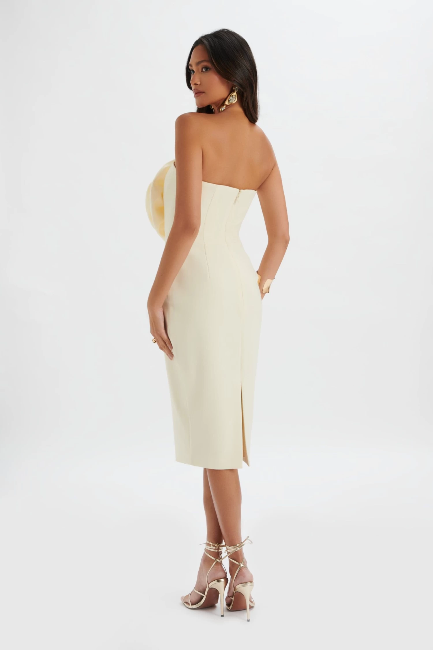 BELLE 3D Flower Bandeau Midi Dress In Champagne - Image 4