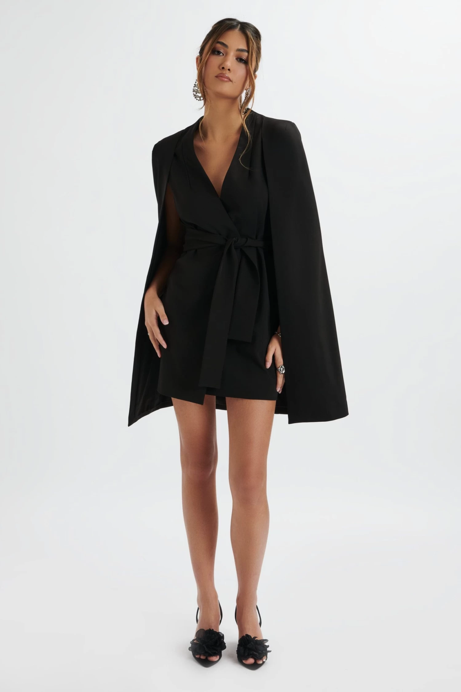 TIFFANY Belted Cape Blazer Mini Dress In Black - Image 2