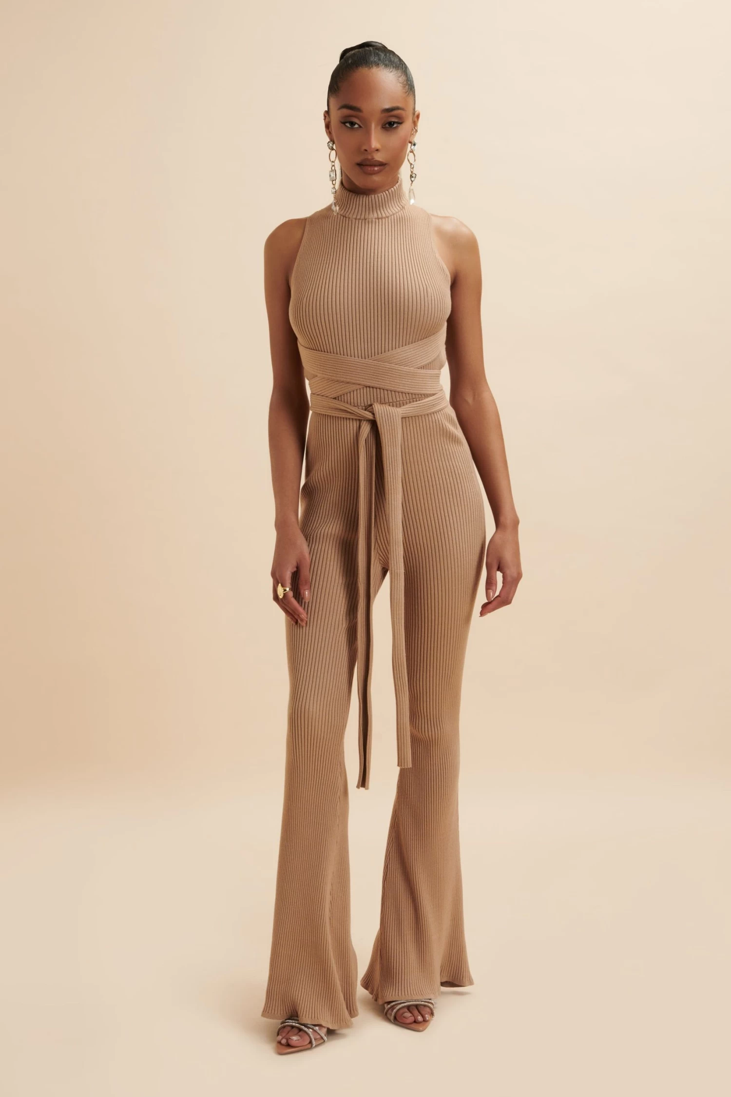 TAMARA Knitted Ribbed Open Back Jumpsuit In Camel - Image 4