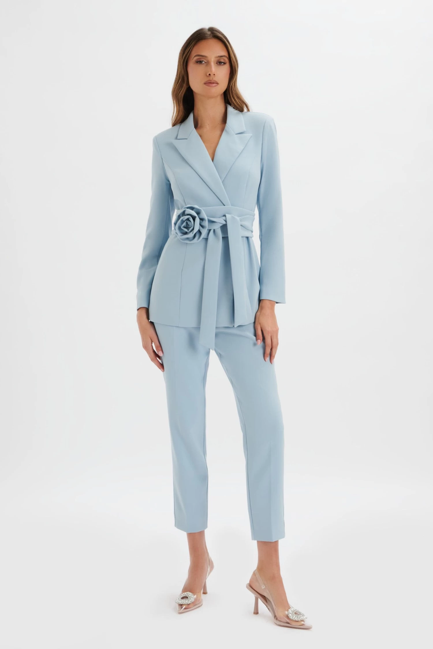 JASMIN Obi Belt Blazer With Flower Detail In Cornflower Blue - Image 2