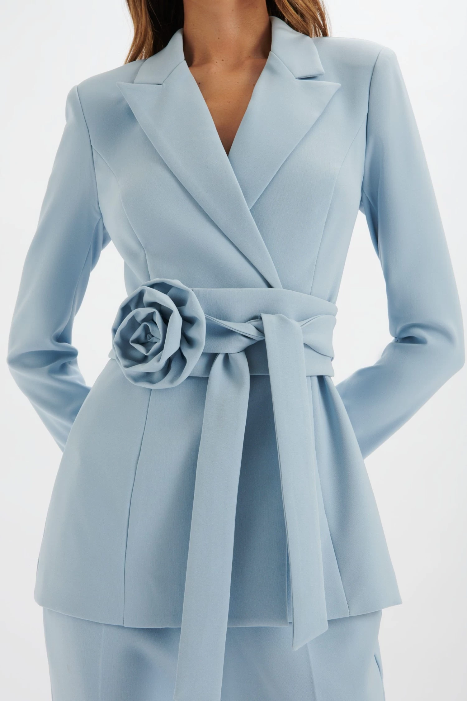 JASMIN Obi Belt Blazer With Flower Detail In Cornflower Blue - Image 3