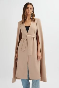 ALEXIA Longline Belted Cape Blazer In Camel