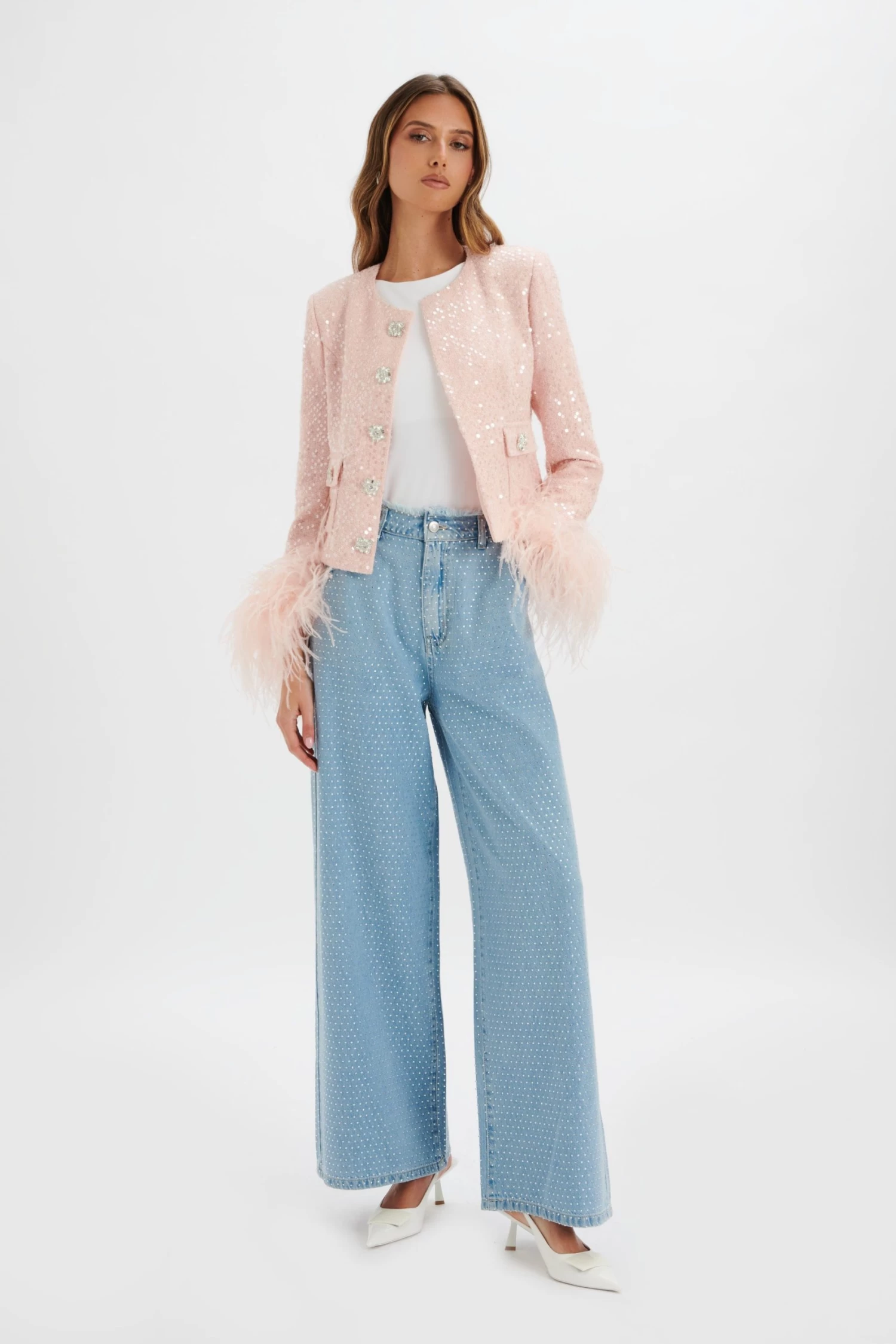LARIA Sequin Boucle Jacket With Feather Cuffs In Pink - Image 3