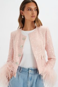 LARIA Sequin Boucle Jacket With Feather Cuffs In Pink