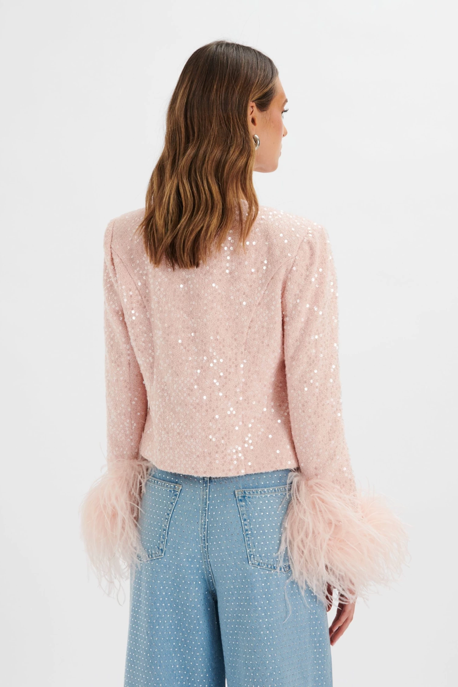 LARIA Sequin Boucle Jacket With Feather Cuffs In Pink - Image 4