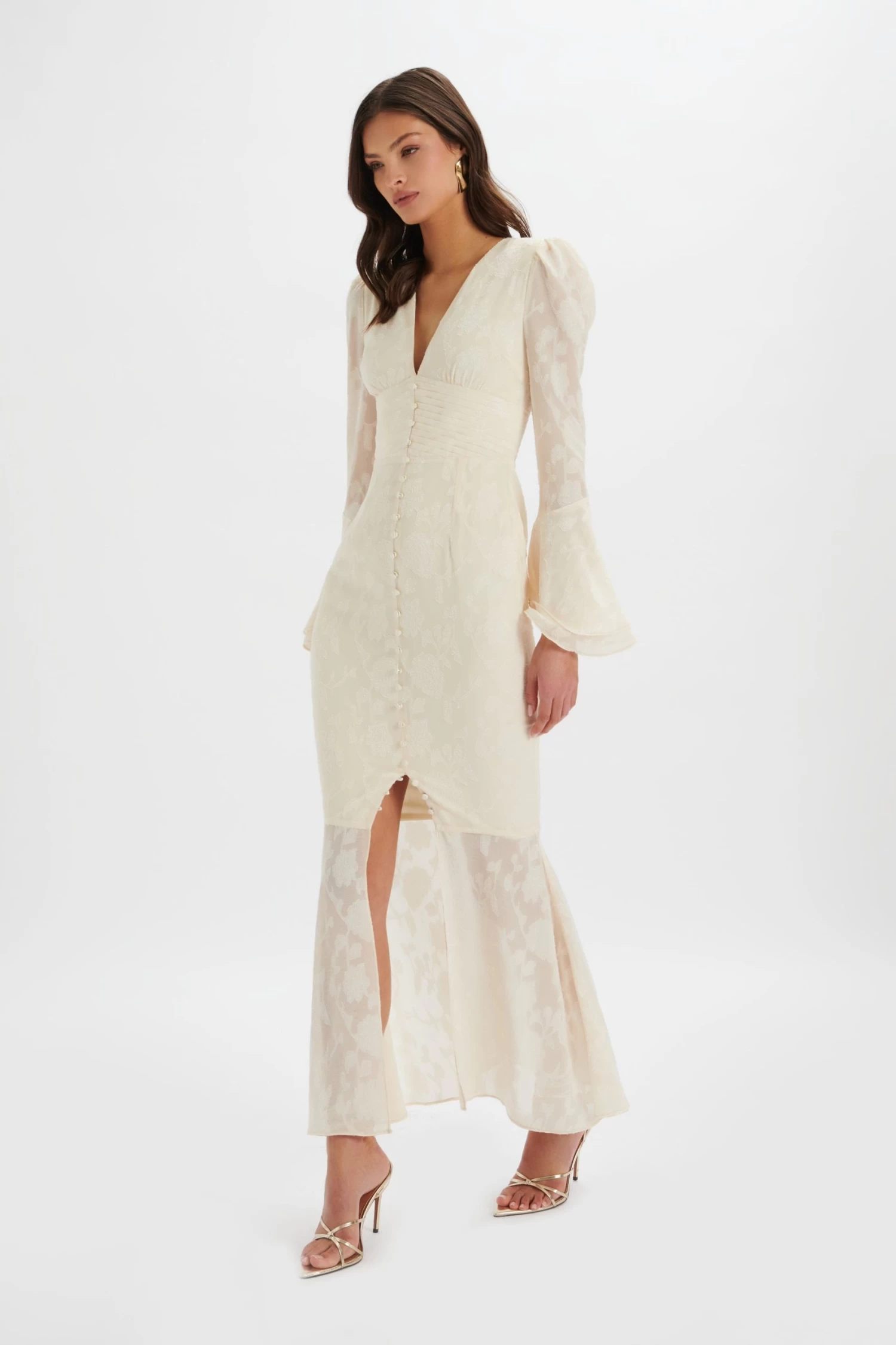 LAUREN Fluted Sleeve Maxi Dress In Cream Floral Textured Chiffon - Image 2