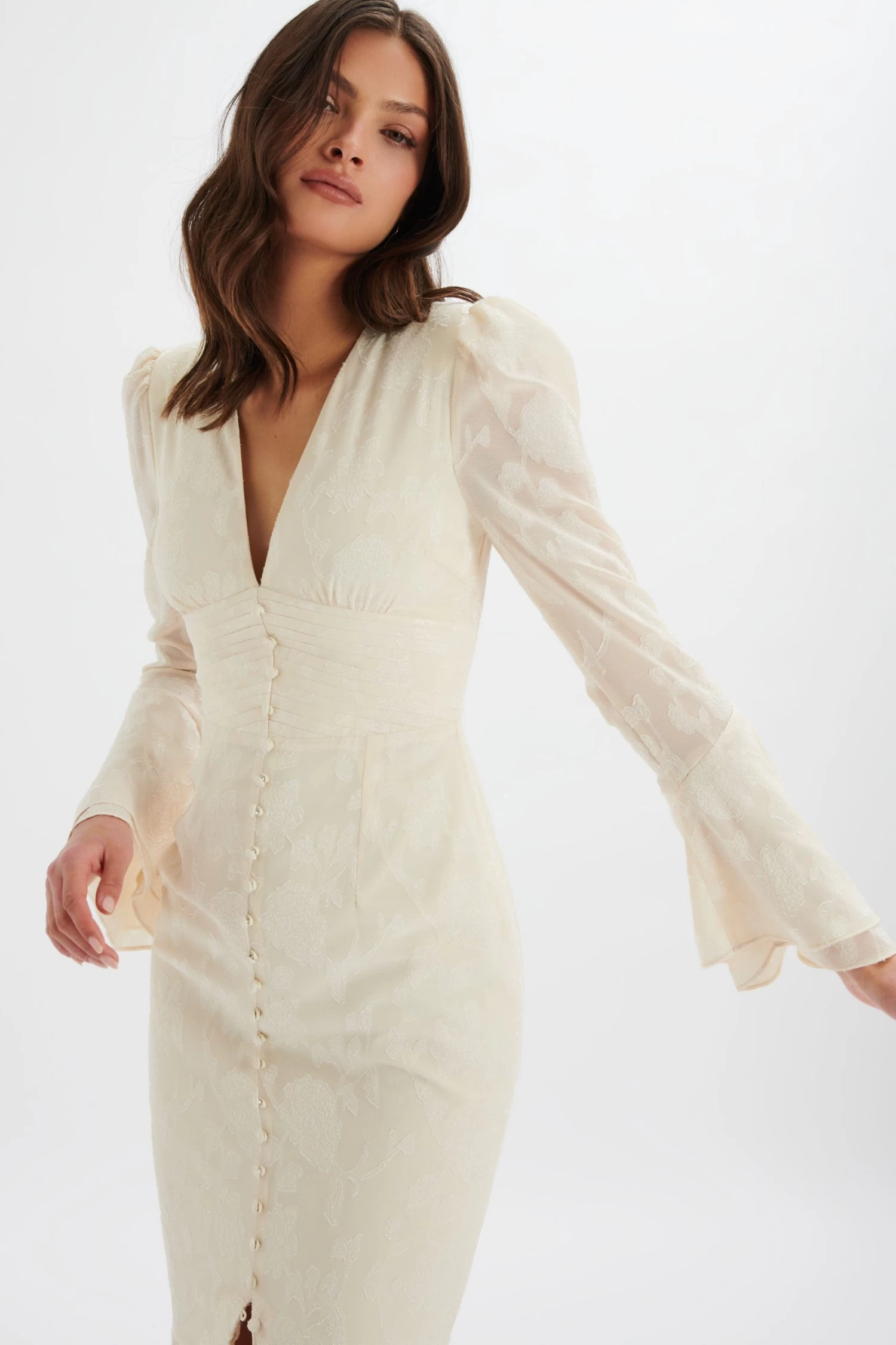 LAUREN Fluted Sleeve Maxi Dress In Cream Floral Textured Chiffon - Image 3