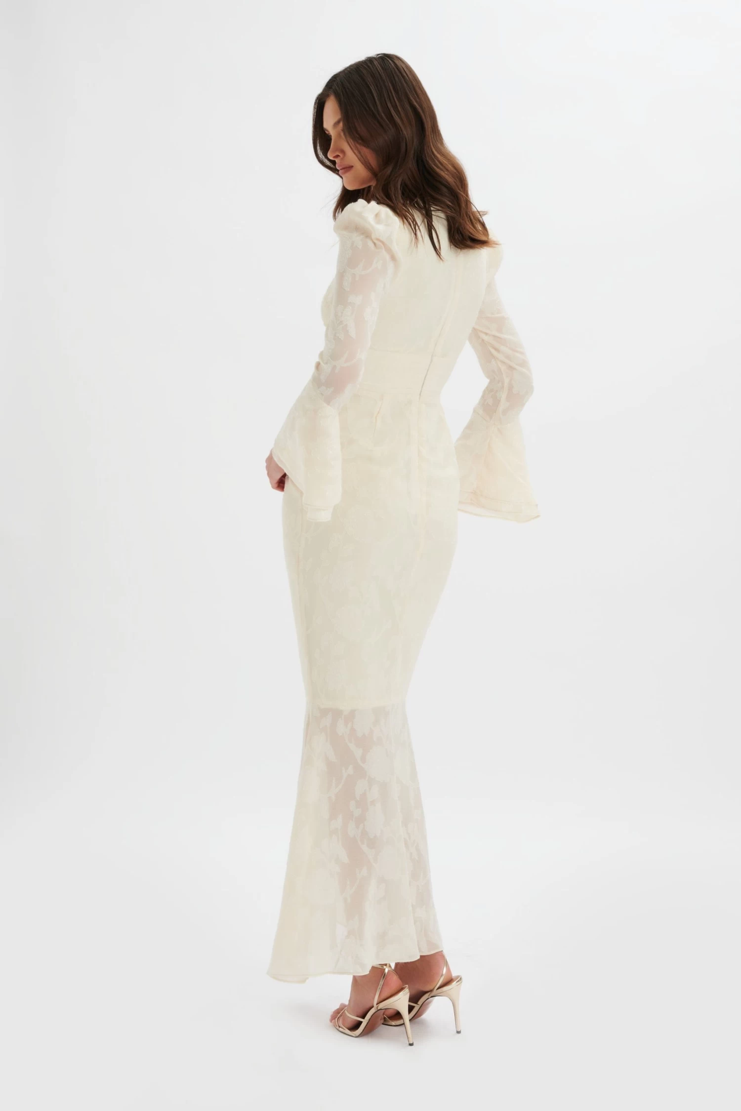 LAUREN Fluted Sleeve Maxi Dress In Cream Floral Textured Chiffon - Image 4