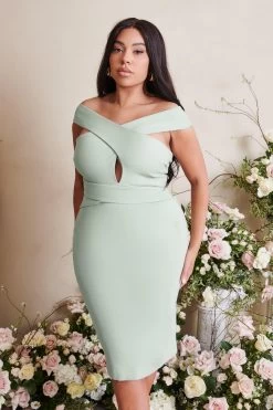 RAELYNN Curve Off Shoulder Wrap Ponte Dress In Sage