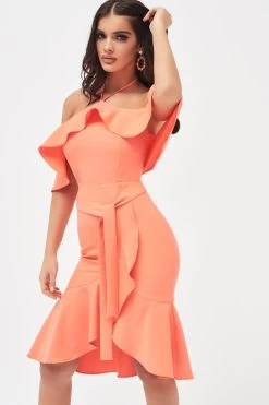 PAISLEY Bardot Frill Halterneck Midi Dress In Neon Coral