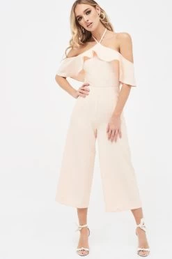 KENNEDY Bardot Frill Halterneck Culotte Leg Jumpsuit In Nude