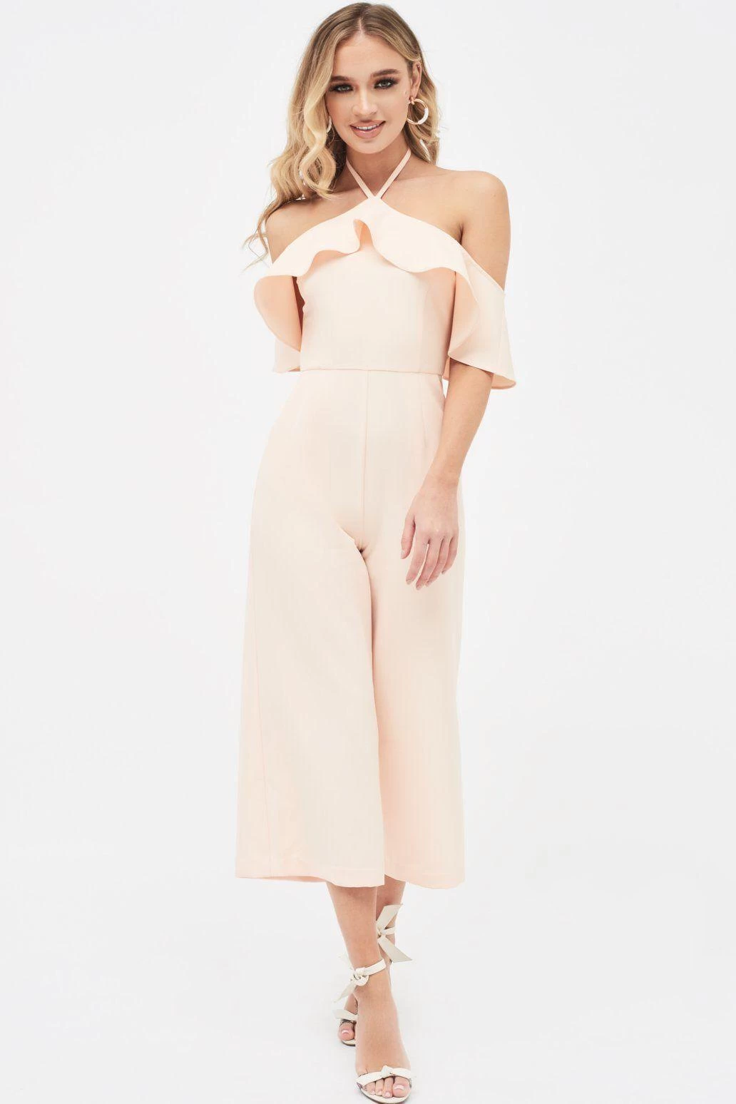 KENNEDY Bardot Frill Halterneck Culotte Leg Jumpsuit In Nude - Image 3