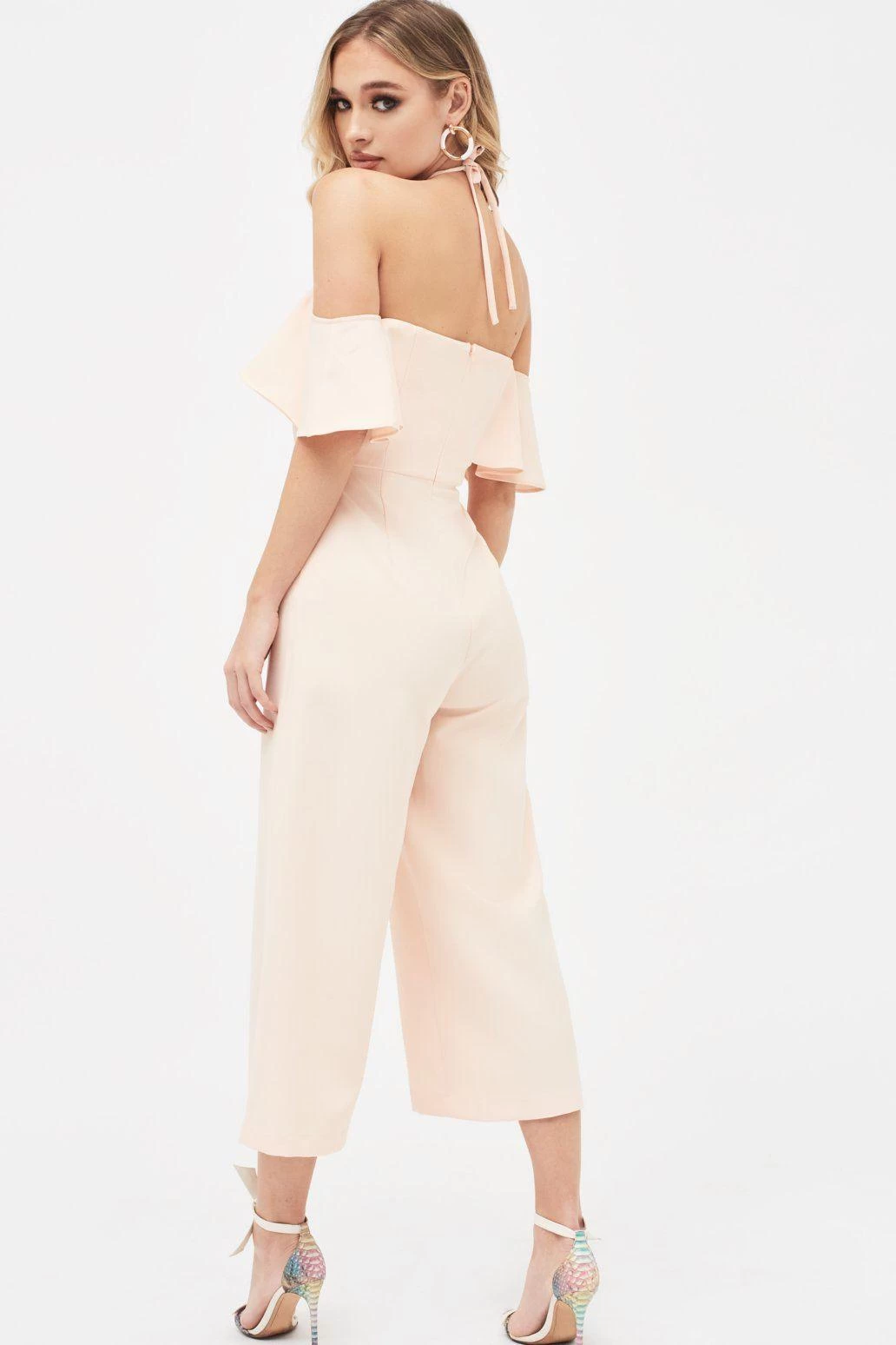 KENNEDY Bardot Frill Halterneck Culotte Leg Jumpsuit In Nude - Image 5