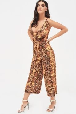 NORA Satin Frill Wrap Culotte Jumpsuit In Golden Yellow Snake Print