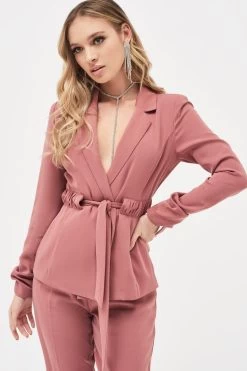 ALLISON Belted Ruche Sleeve Jacket In Dusty Rose