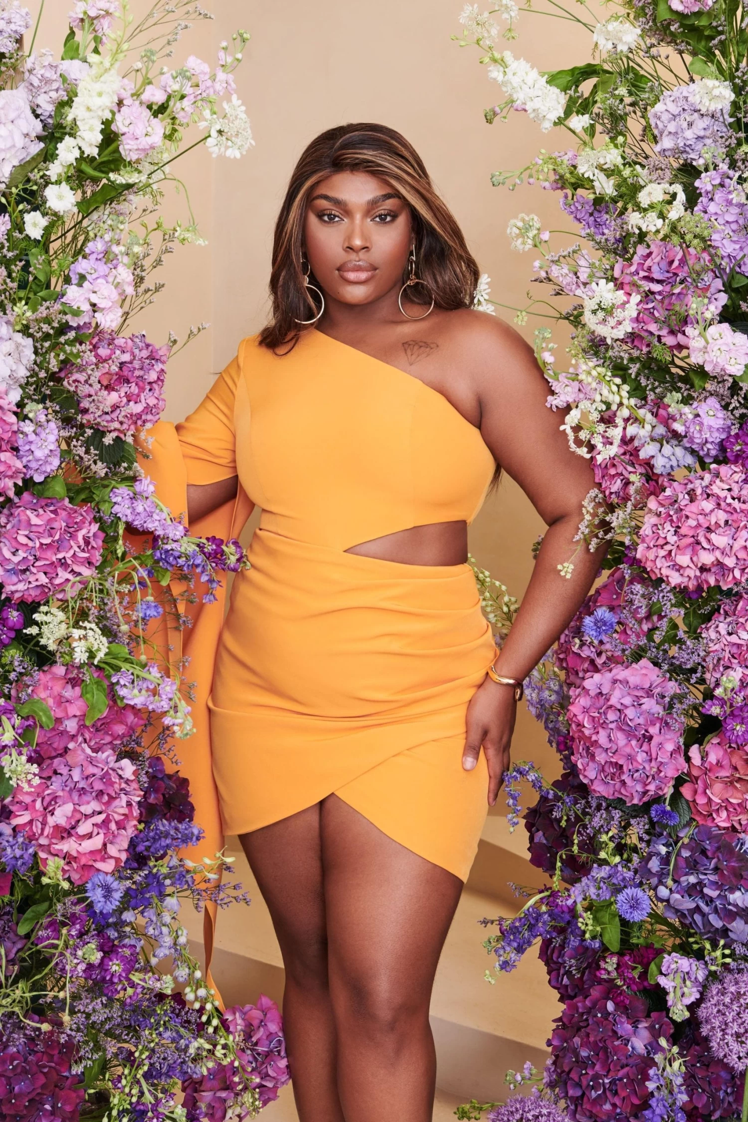 RILEY Curve One Shoulder Cape Mini Dress In Mango Orange - Image 5