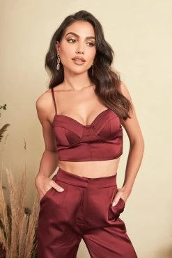 IRIS Bonded Satin Stitch Detail Bralette In Burgundy