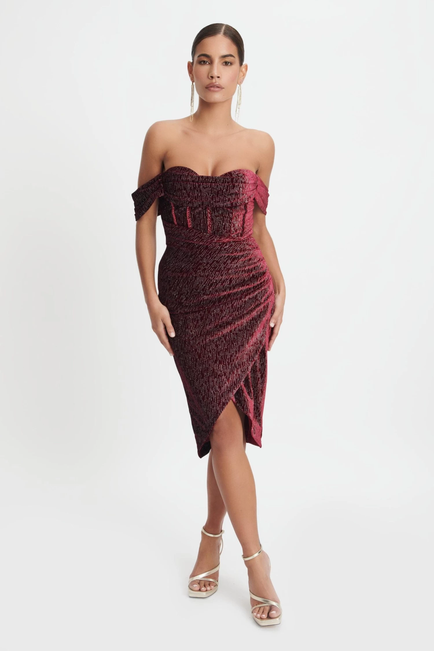 BLAKE Diamante Velvet Pleated Off Shoulder Midi Dress In Burgundy - Image 4