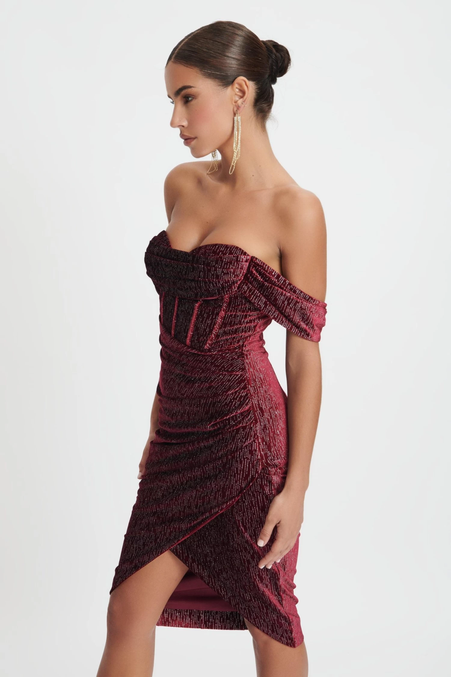 BLAKE Diamante Velvet Pleated Off Shoulder Midi Dress In Burgundy - Image 2