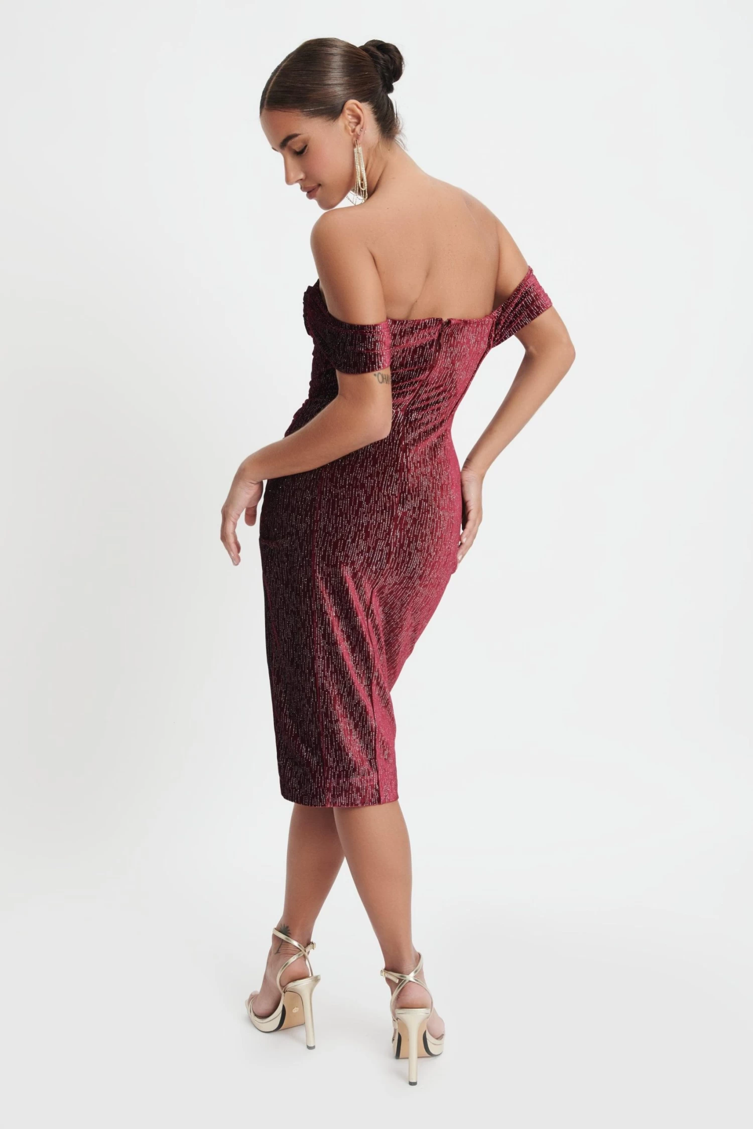 BLAKE Diamante Velvet Pleated Off Shoulder Midi Dress In Burgundy - Image 6