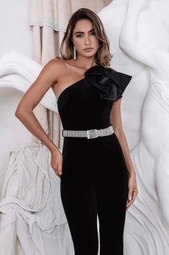 LIV Flower Velvet Fit & Flare Jumpsuit With Diamanté Belt In Black