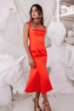 LAINEY Stitch Detail Midi Slip Dress In Coral Red