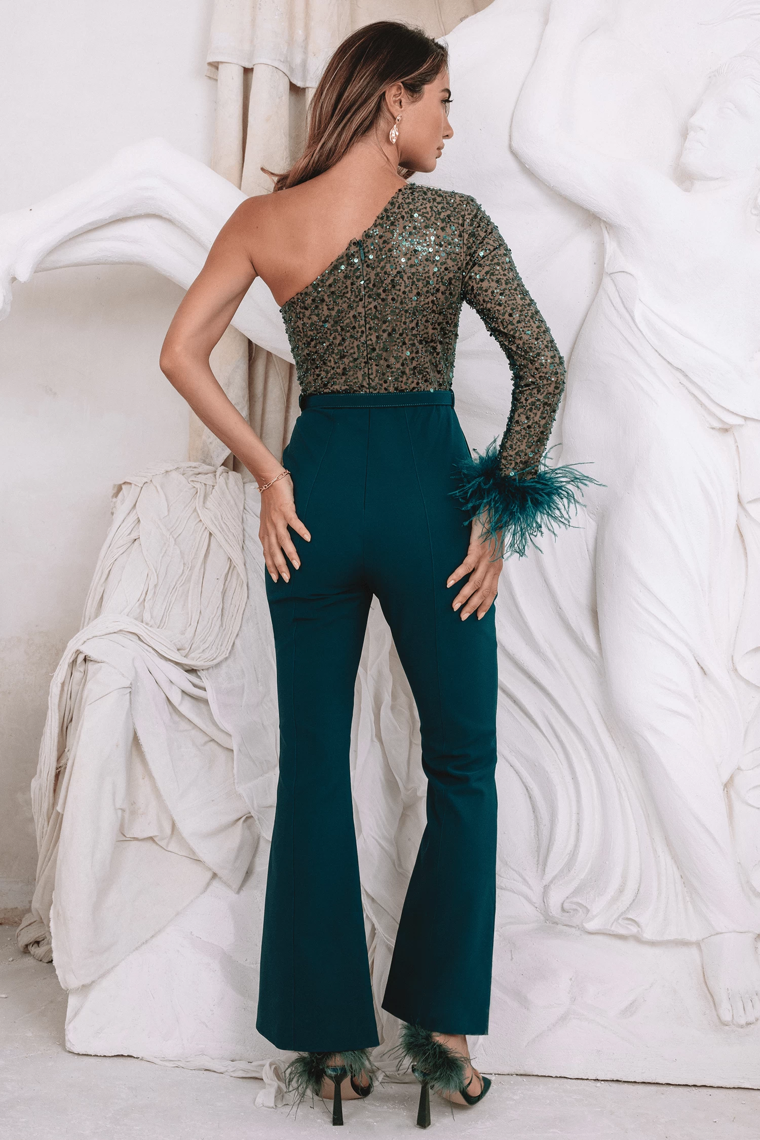 MARYNA One Shoulder Beaded Jumpsuit In Emerald - Image 4