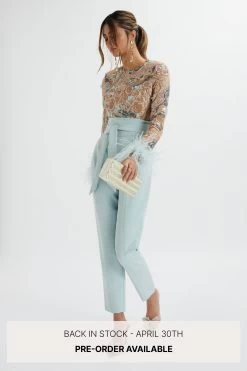DELIA Embellished Feather Cuff Jumpsuit In Blue