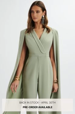 RAYNA Longline Cape Tailored Jumpsuit In Sage Green