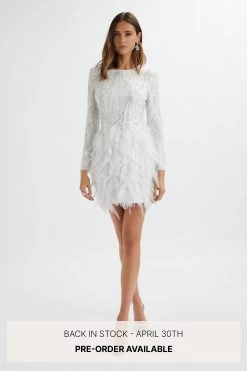 SELENE Embellished Feather Mini Dress In White