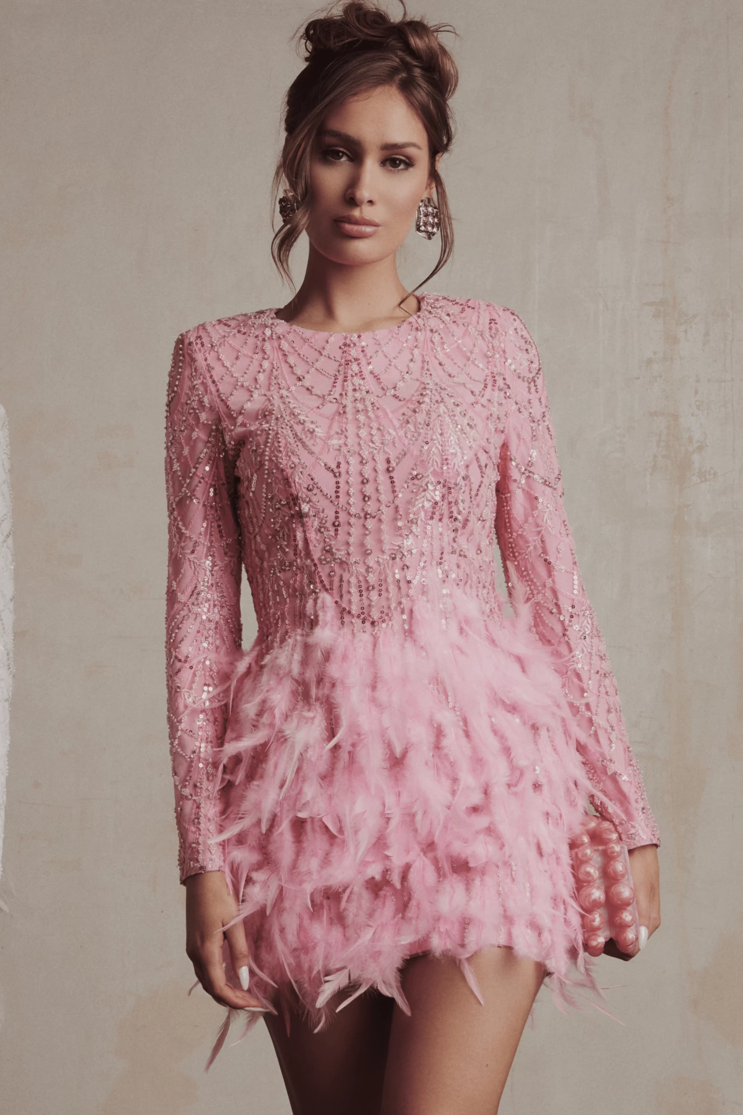 SELENE Embellished Feather Mini Dress In Pink - Image 2
