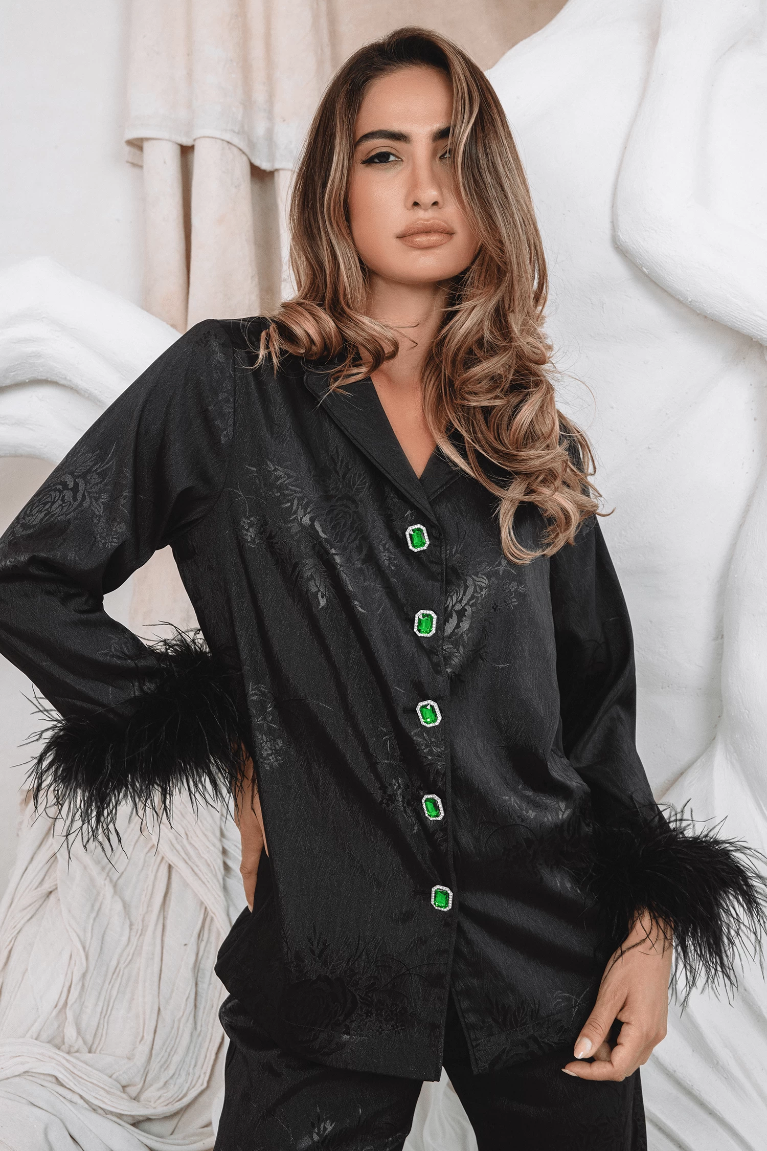 SYDNEY Feather Trim Satin Jacquard Pyjama In Black - Image 3