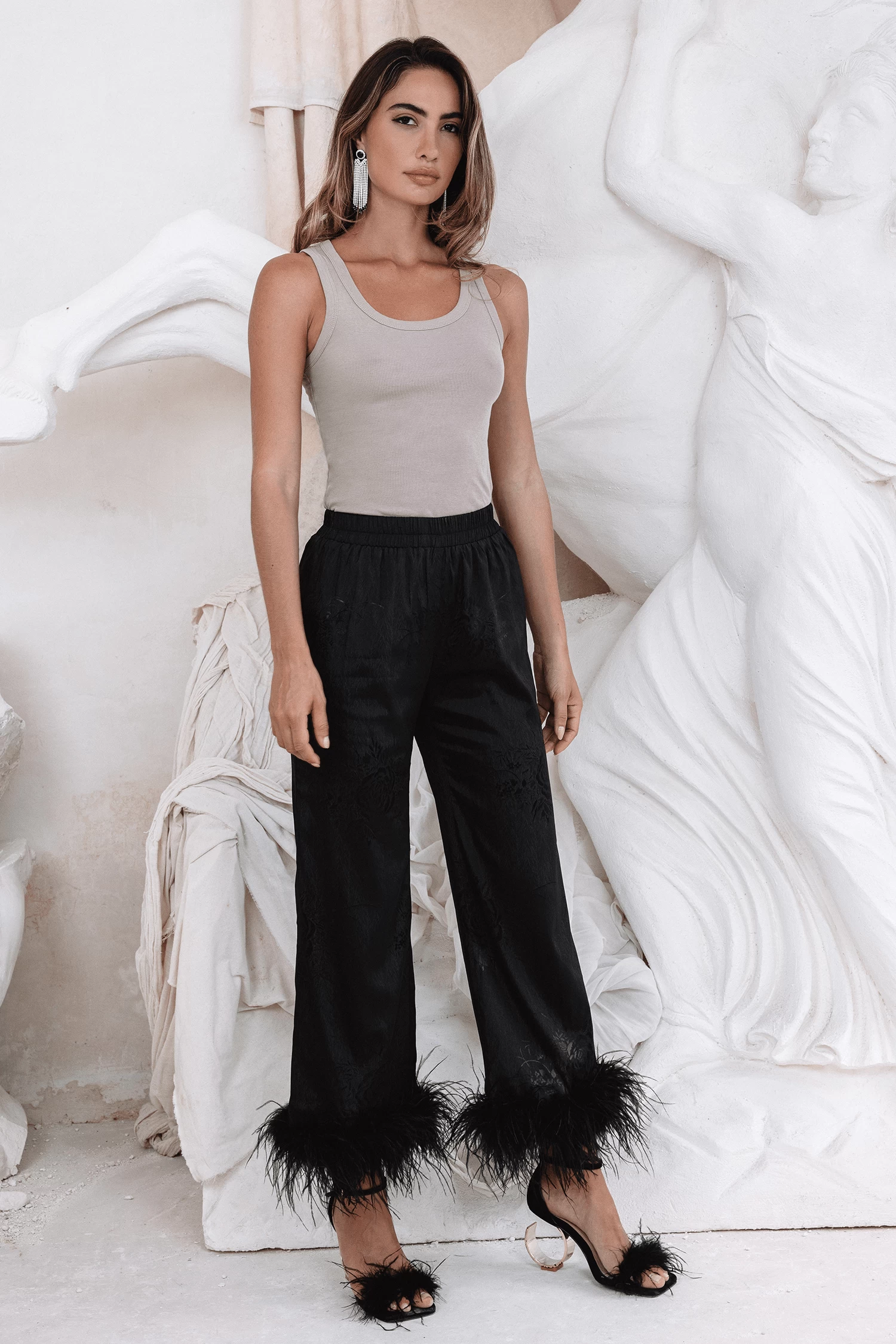 SYDNEY Feather Trim Satin Jacquard Pyjama In Black - Image 5