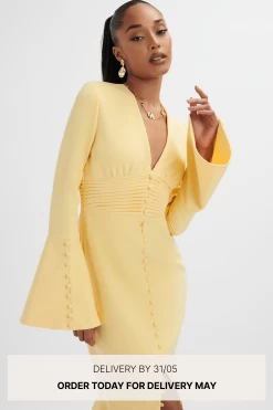 **PRE-ORDER** SALMA Fluted Sleeve Longline Fishtail Midi Dress In Yellow