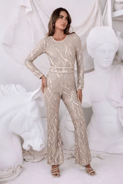 ARABELLE Embellished Sequin Print Jumpsuit In Gold