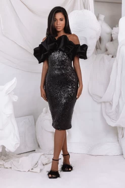 HERA Satin Puff Bardot Sequin Midi Dress In Black