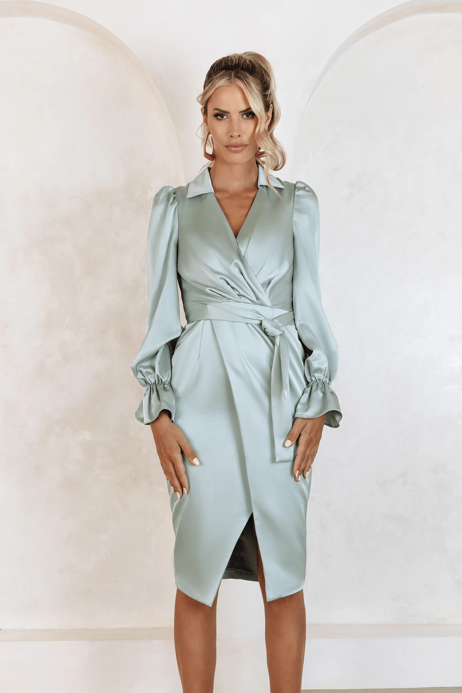 ELISE Satin Wrap Shirt Dress In Sage - Image 2