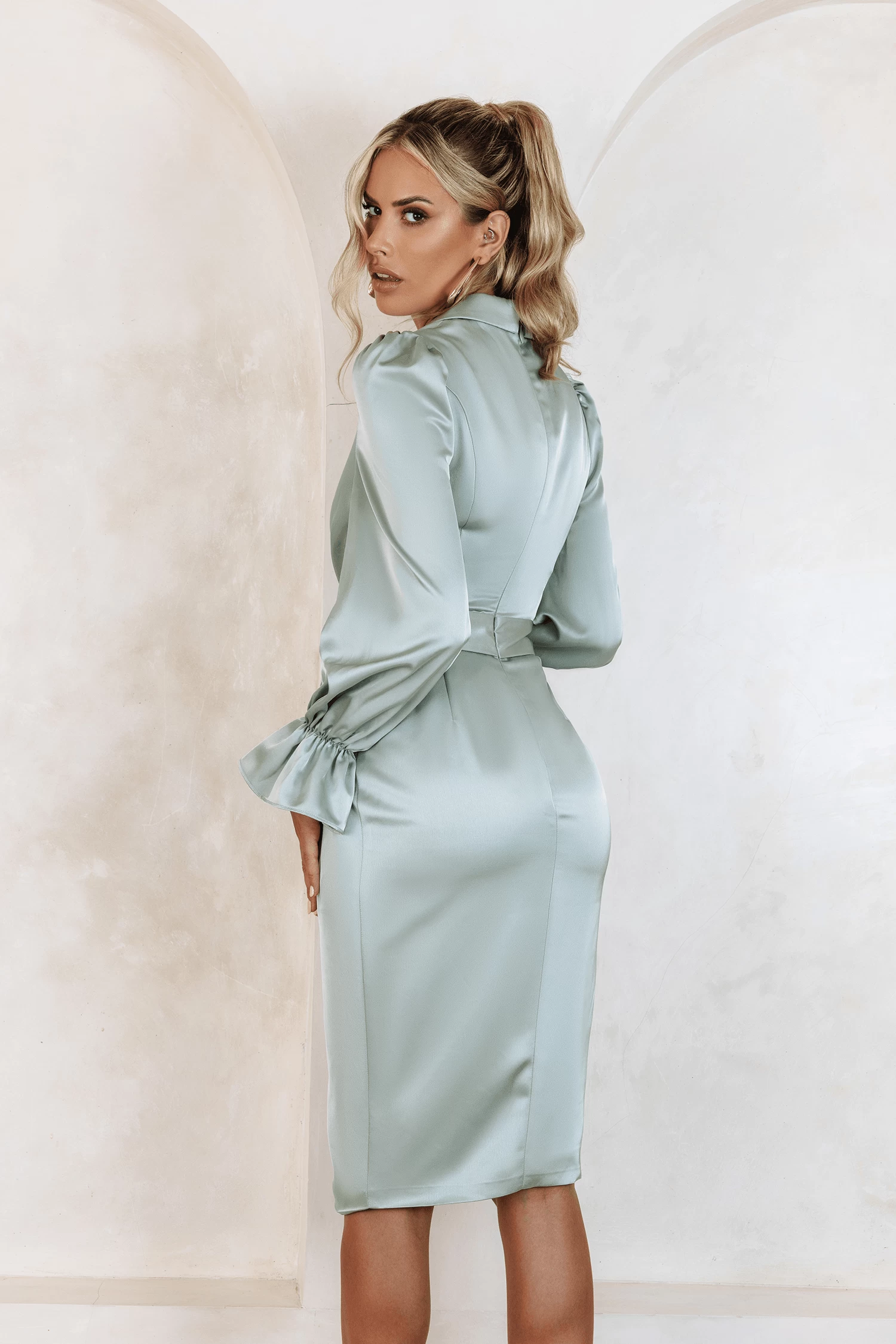 ELISE Satin Wrap Shirt Dress In Sage - Image 4