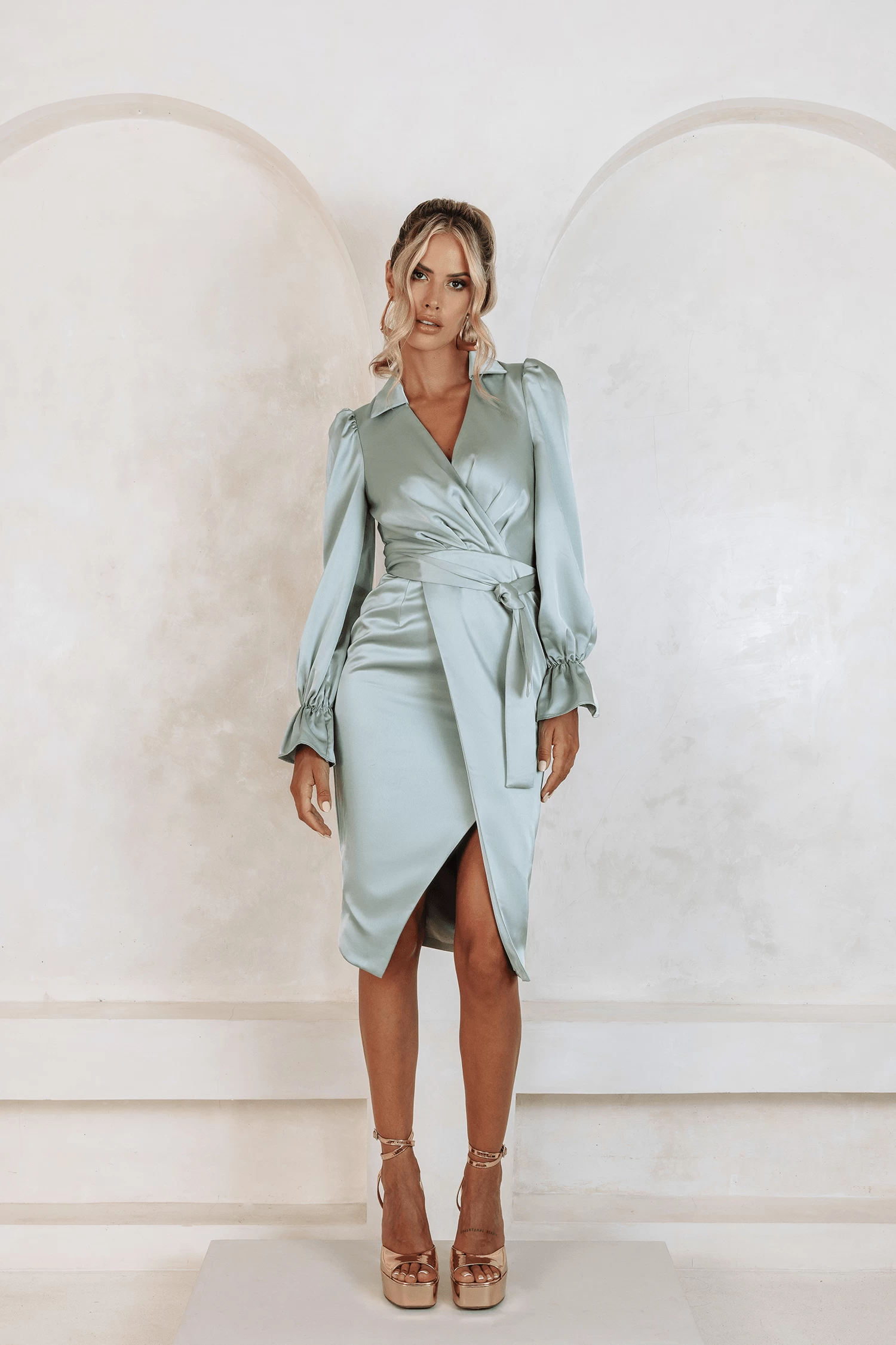 ELISE Satin Wrap Shirt Dress In Sage - Image 3