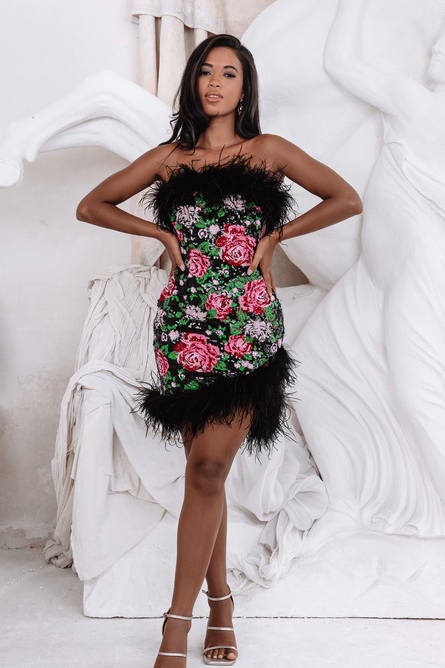 FRANCESCA Feather Bandeau Mini Dress In Bespoke Rose Sequin - Image 2