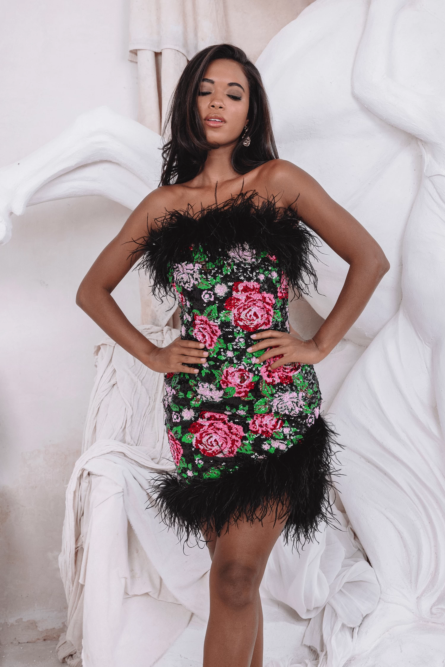 FRANCESCA Feather Bandeau Mini Dress In Bespoke Rose Sequin - Image 3