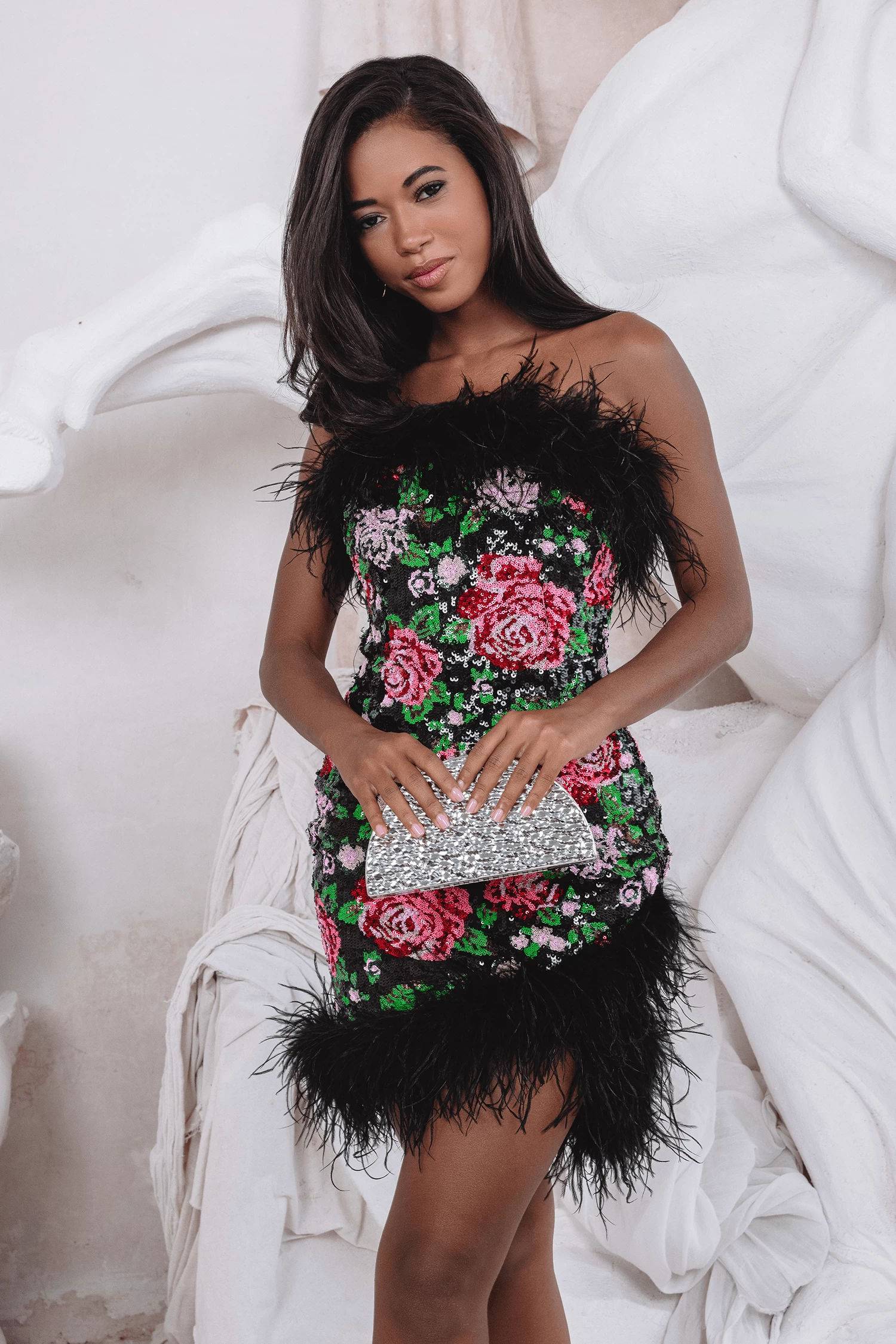 FRANCESCA Feather Bandeau Mini Dress In Bespoke Rose Sequin