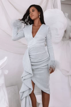 ATHENA Draped Skirt Pleated Sequin Midi Dress In Silver